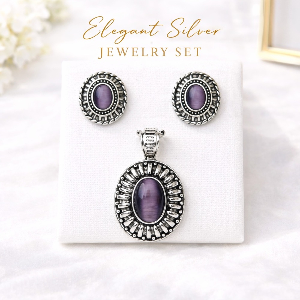 Boho Chic Elegant Silver Jewelry Set with Purple Stone Pendant & Stud Earrings